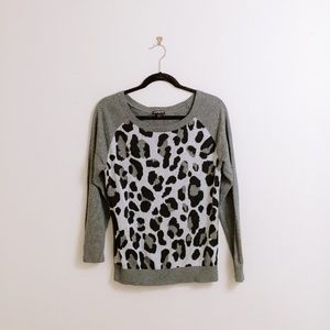 Grey Leopard Print Scoop Neck Sweater